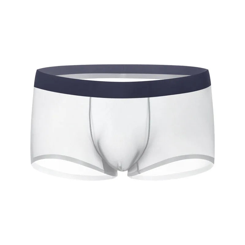 Men's ice silk seamless boxers in black nylon knit with low-rise waist and no side seams