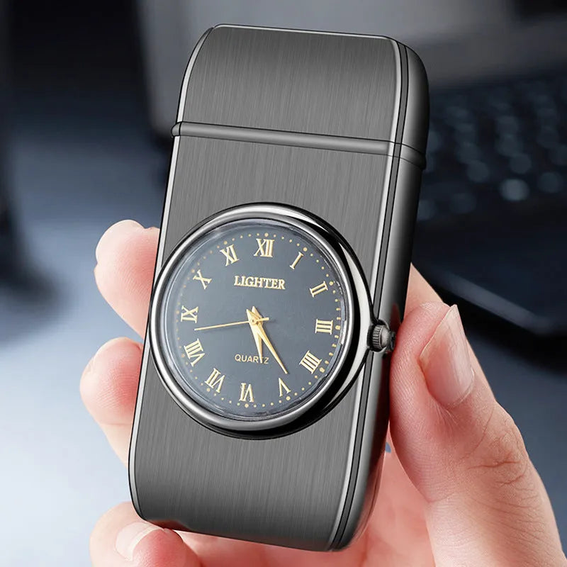Multifunctional electronic watch cigarette lighter with LED lamp in metal body showing different finish options