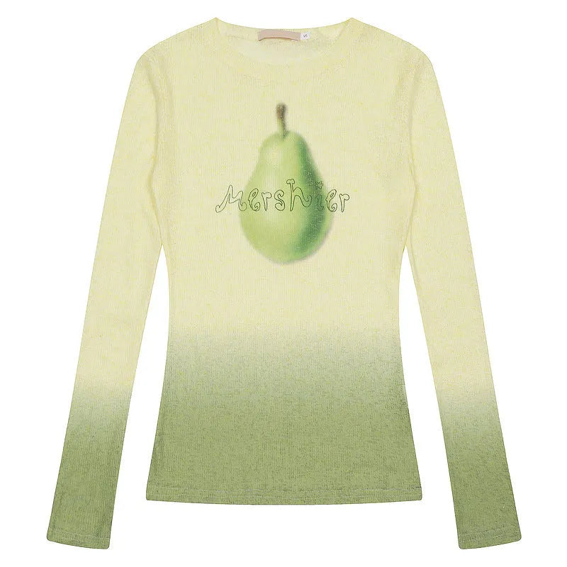 Women's gradient floral print long-sleeved T-shirt in light pink and yellow green colour options