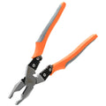 Orange handled multi-function wire cutter pliers with forged steel jaws on a workbench.