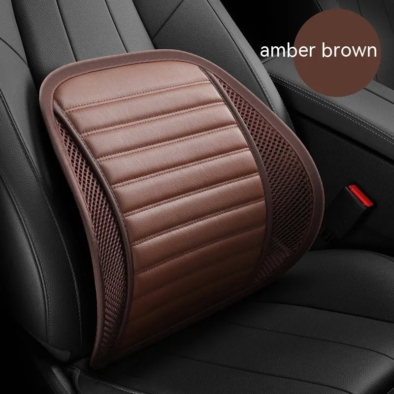Leather lumbar support cushion for car seats showing colour options including sapphire blue, amber brown and mysterious black