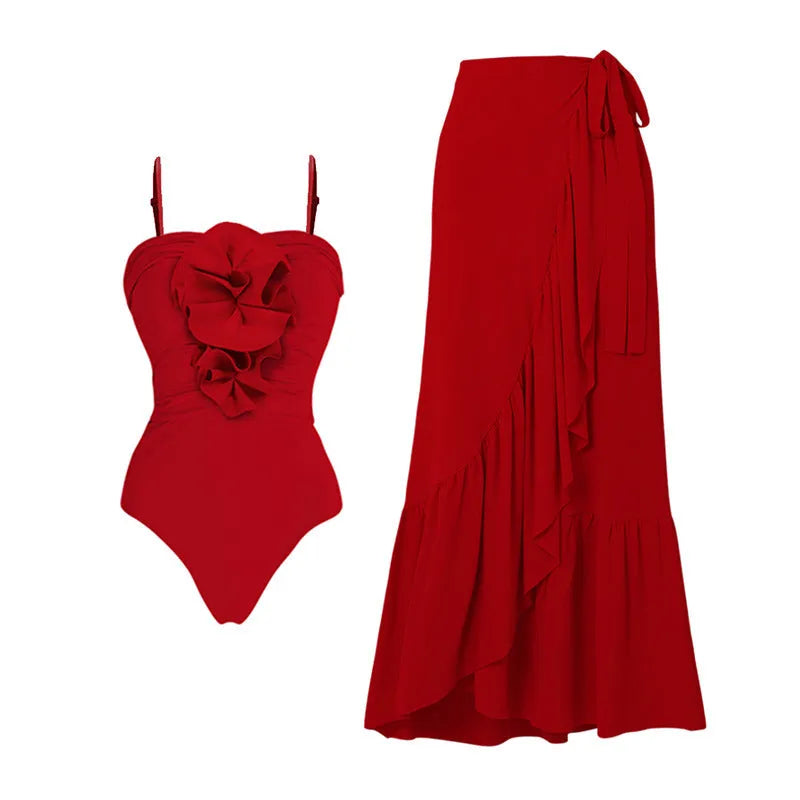 Red women's V-neck halter swimsuit with detachable matching skirt on mannequin