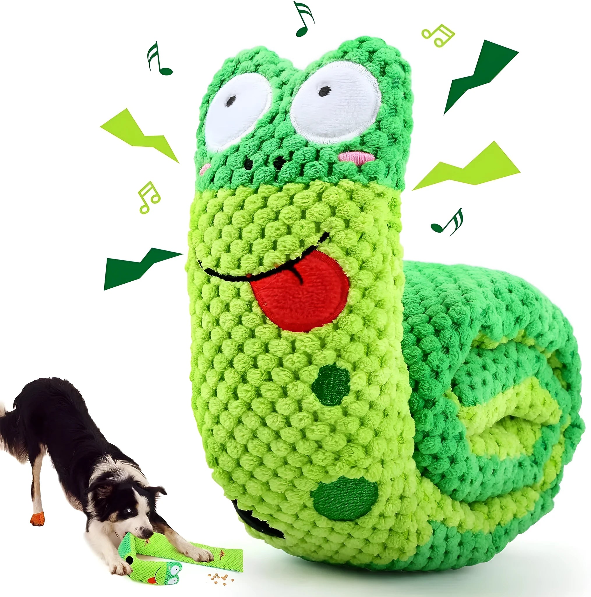 Transformable squeak dog toy in snail shape with hidden food holes for foraging training