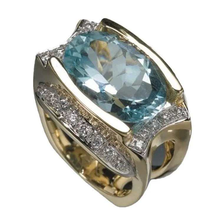Light blue oval zircon with diamond ring on simple alloy band, constellation design, unisex style