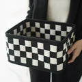 Grey and white checkerboard woven felt storage box shown folded and unfolded, with a tape measure indicating 37cm length.