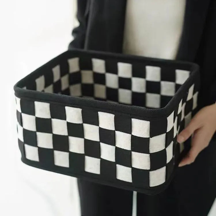 Grey and white checkerboard woven felt storage box shown folded and unfolded, with a tape measure indicating 37cm length.