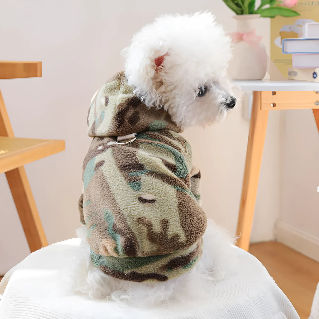 Camouflage dog sweater on a light background, showing full-body style with ribbed hem