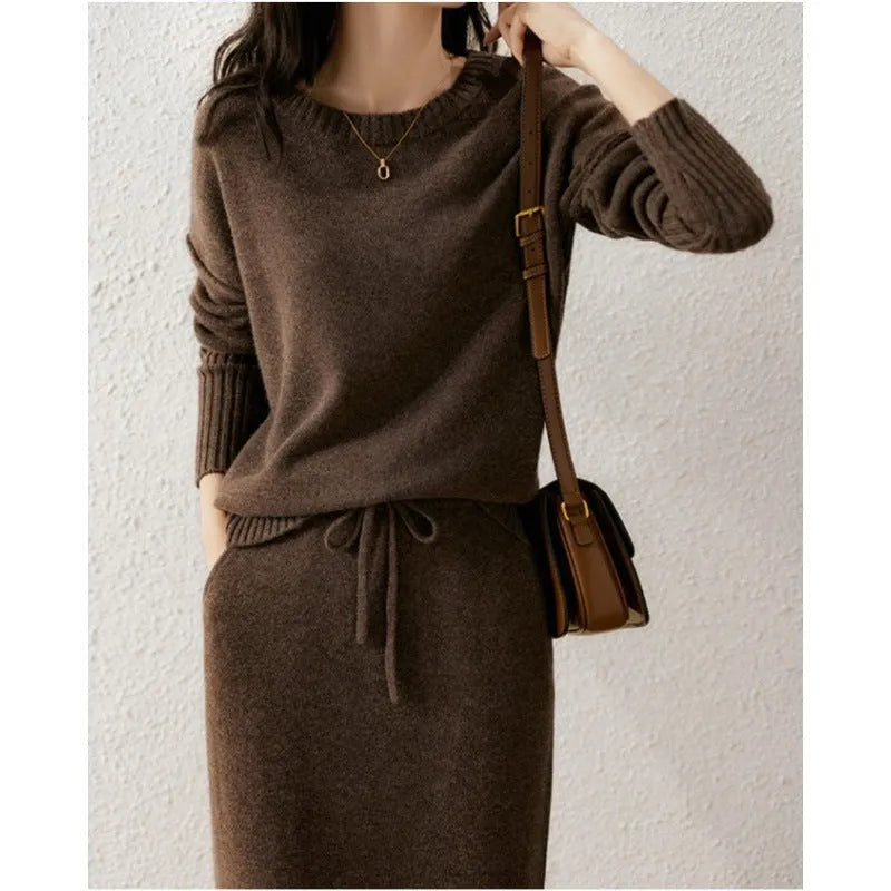 Knitted loose slimming top with skirt two-piece set in coffee khaki contrast tie-dye long sleeve