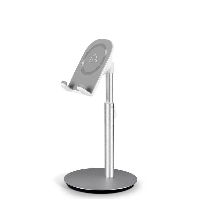 Silver metal desktop stand for phones and tablets S1 model upright on a desk