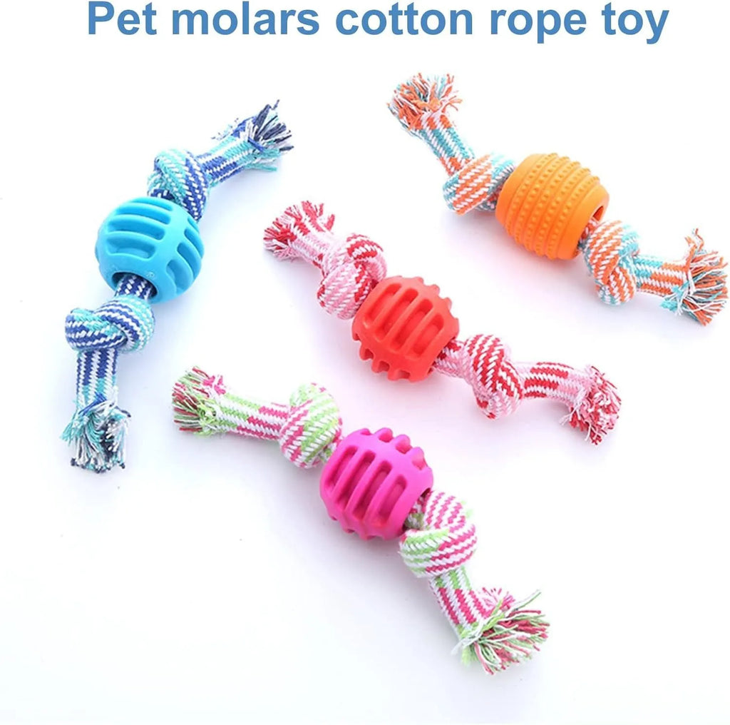 Blue dog chew toy with molar shape and attached rope for dental care.