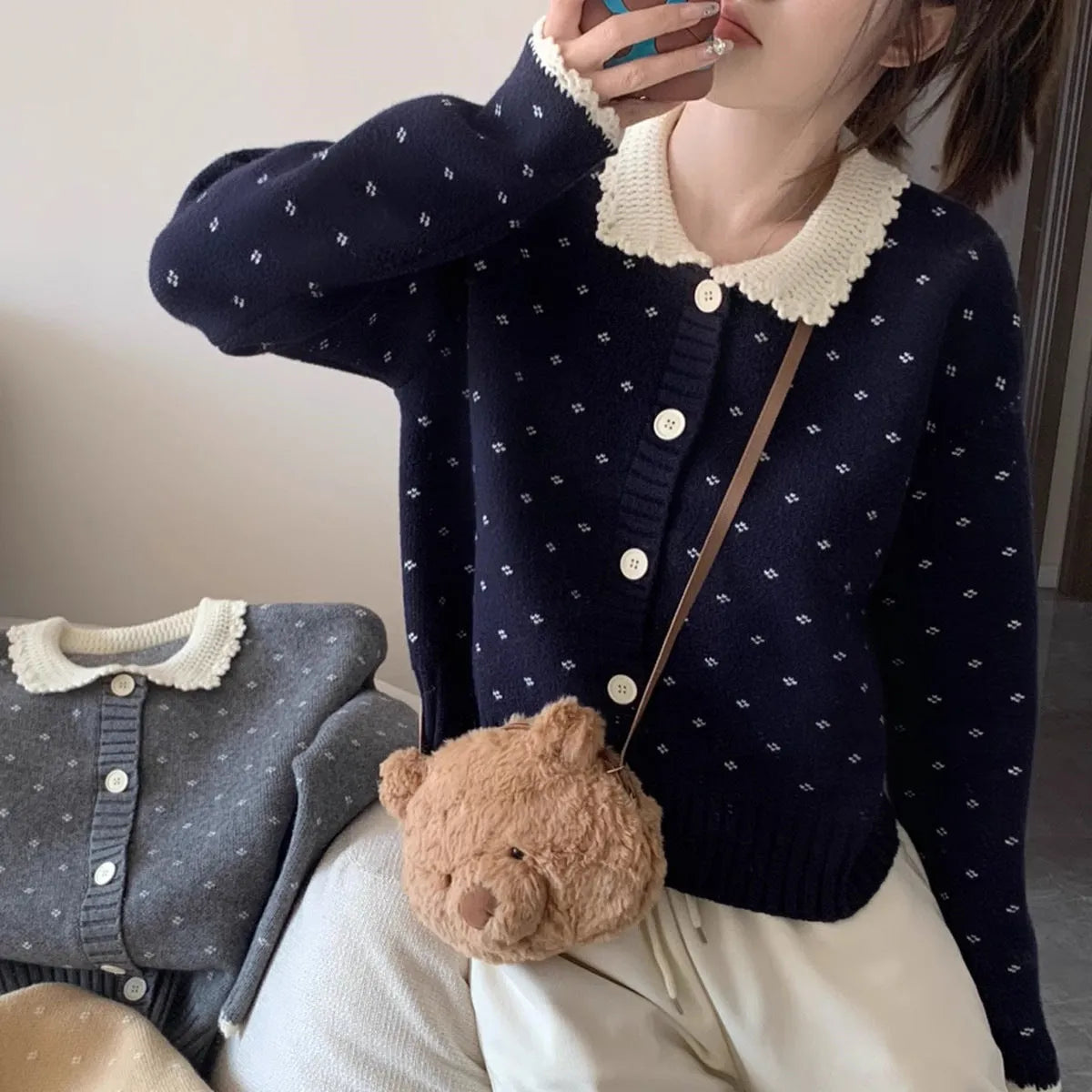 Retro Peter Pan collar knitted cardigan coat in a floral pattern