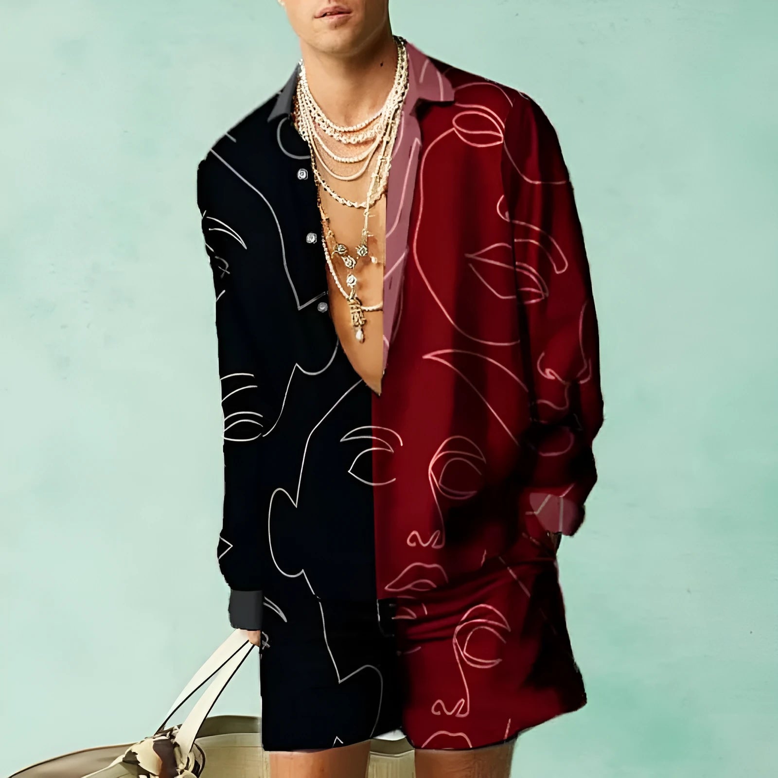 Men's slim fit casual summer matching set with long sleeve shirt and shorts on a hanger