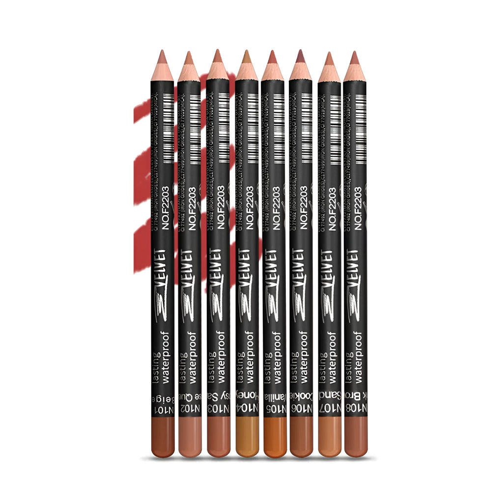 Matte finish lip liner pencil in wood casing with colour options 201 to 214 for 24-hour wear