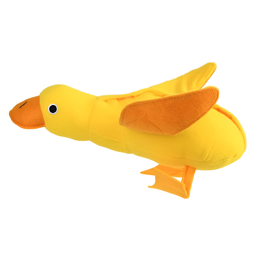Yellow teddy bear duck plush dog toy with squeaker and treat holes.