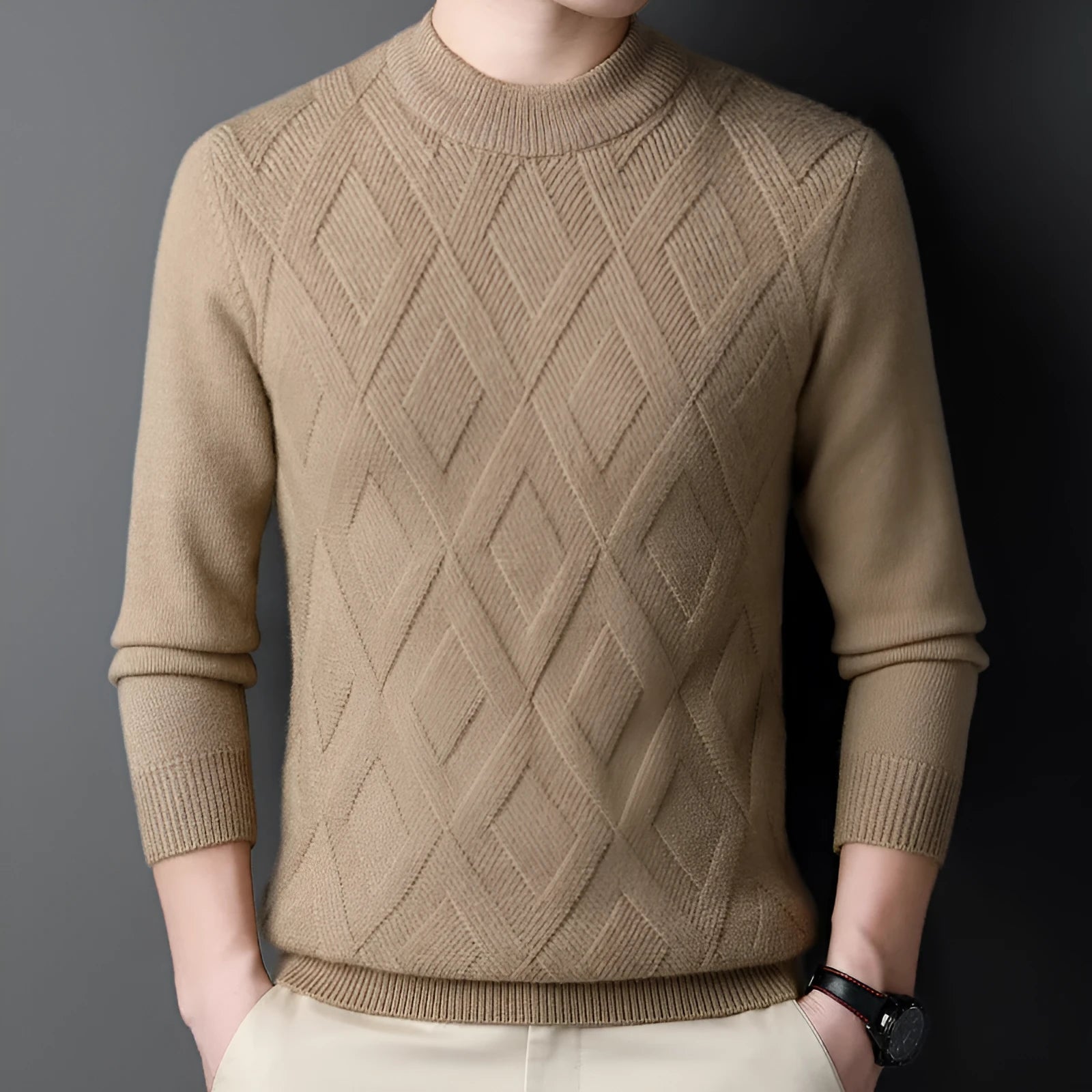 Men's diamond jacquard wool blend winter sweater in light camel colour on a hanger