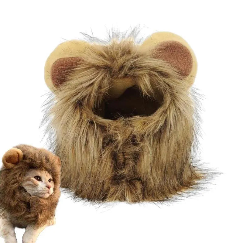 Lion mane wig accessory for a cat showing plush ears and adjustable elastic band.