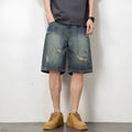 Men's loose fit washed blue denim shorts with straight leg and micro elasticity