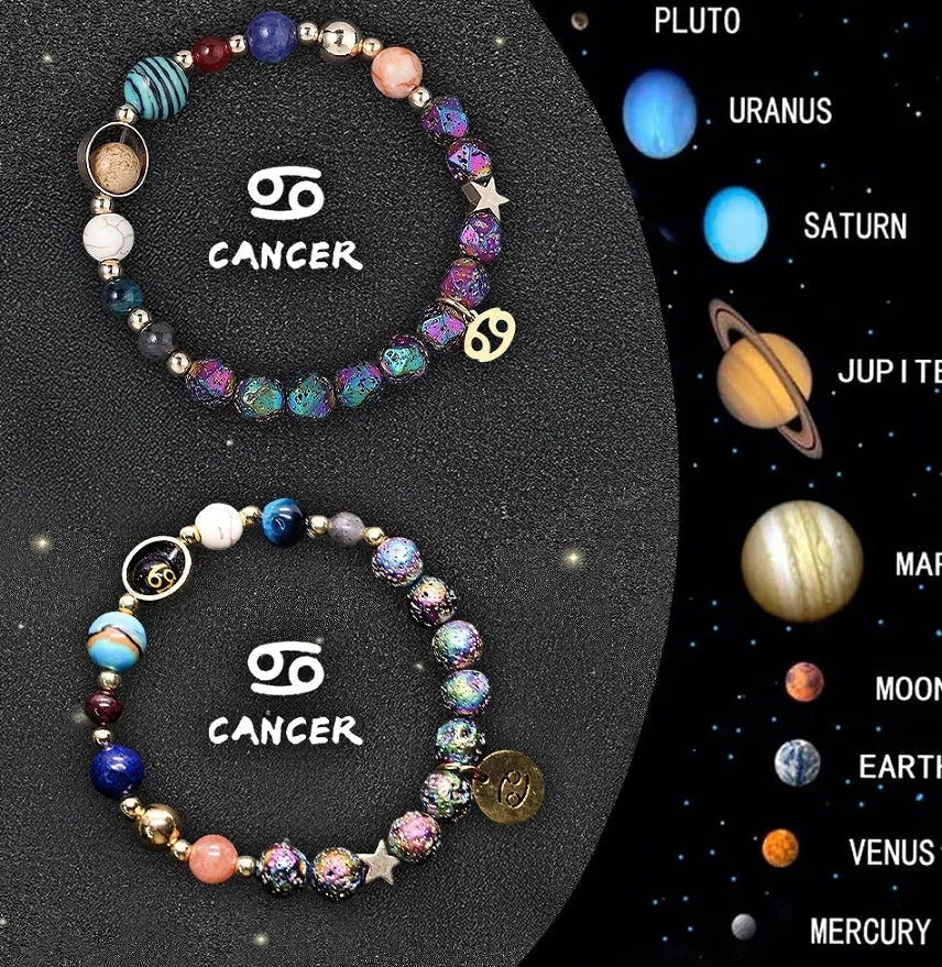 Pair of natural stone beaded bracelets with zodiac charms on an adjustable cord.