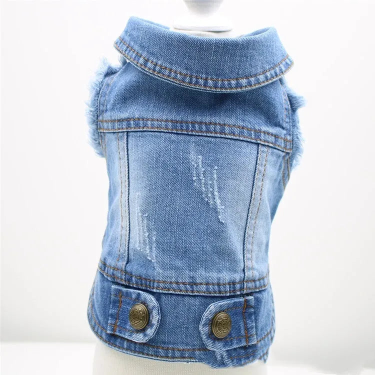 Denim pet dog vest with retro scratch pattern in dark and light colours for small breed autumn winter wear