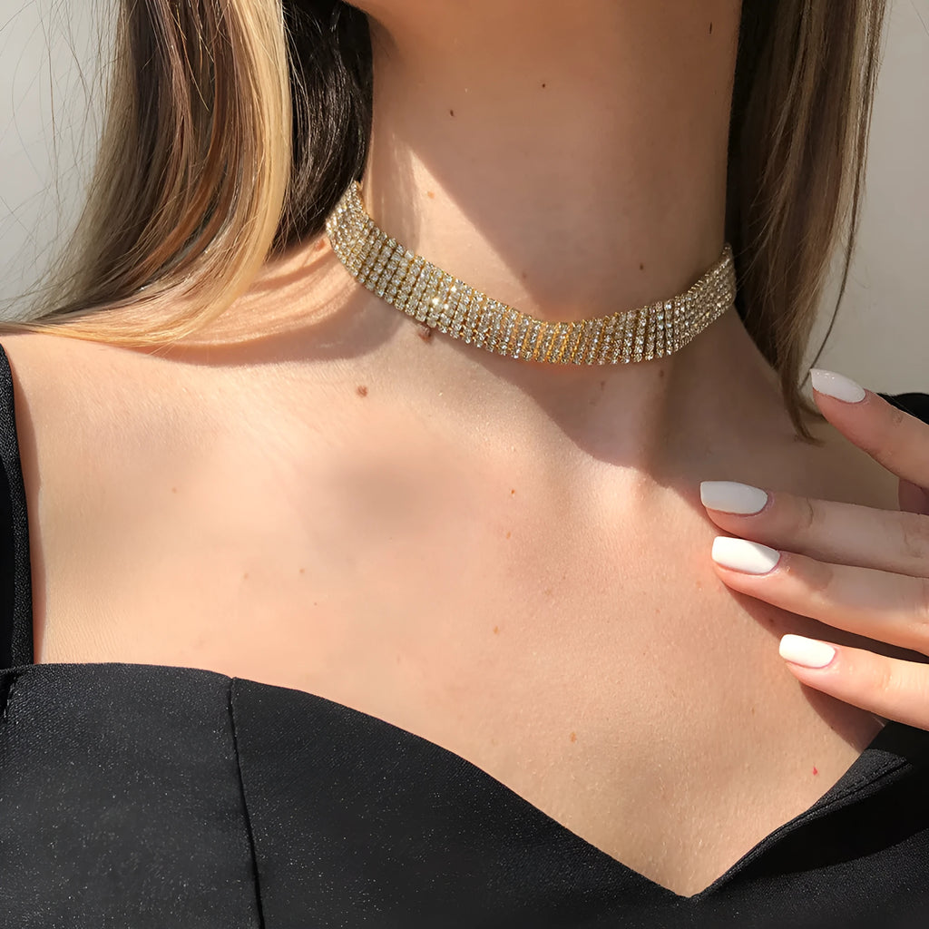 Full rhinestone alloy clavicle chain necklace in six rows of drills gold geometric shape women's European American style