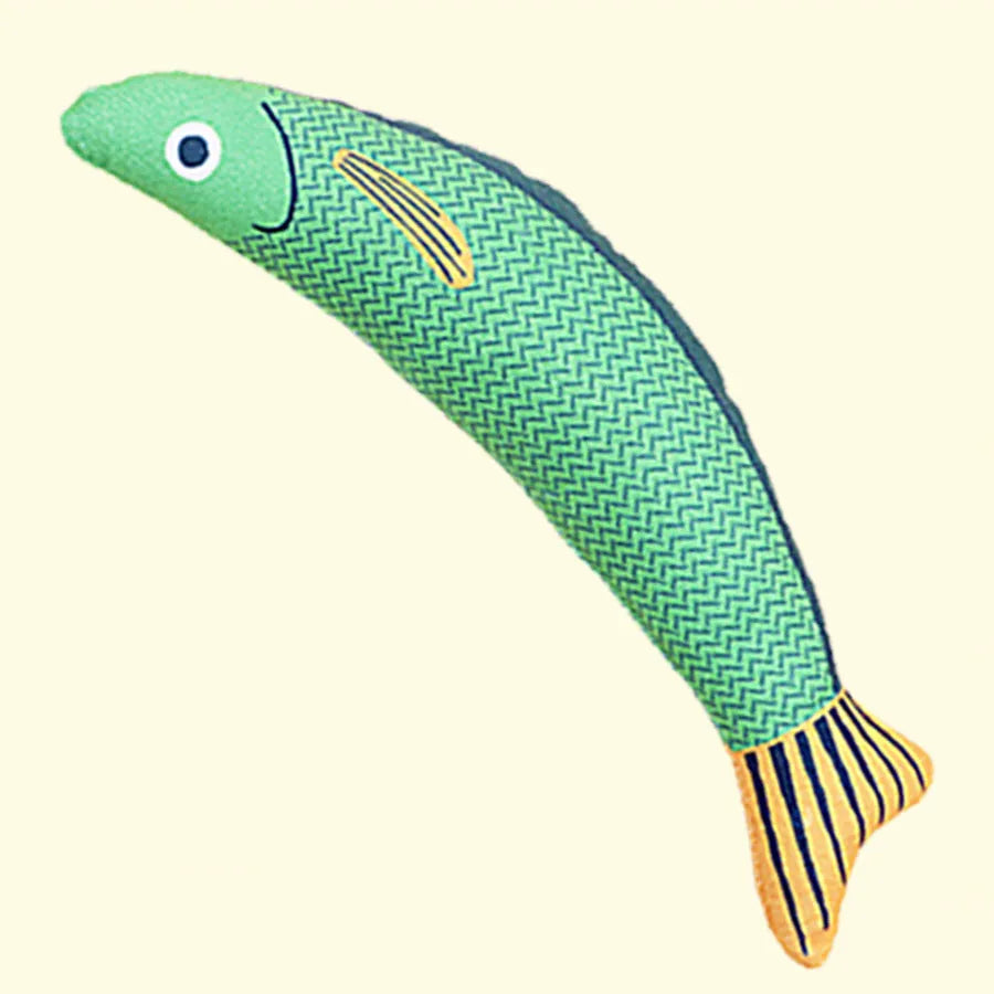 Green orange yellow catnip fish kicker toy measuring 24cm with soft plush material for indoor cat exercise