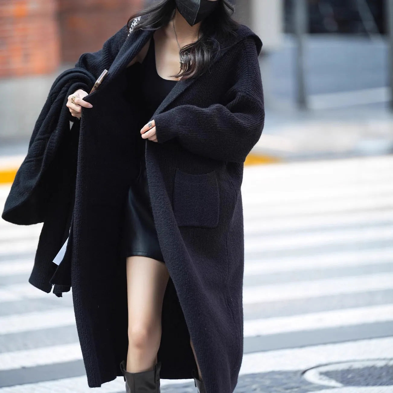 Women's grey knitted cardigan trench coat with hood and regular sleeves