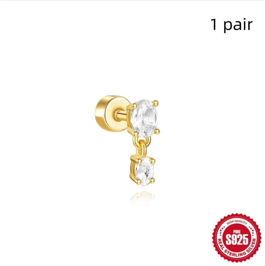S925 sterling silver geometric flat column thread ear bone studs in gold plating.