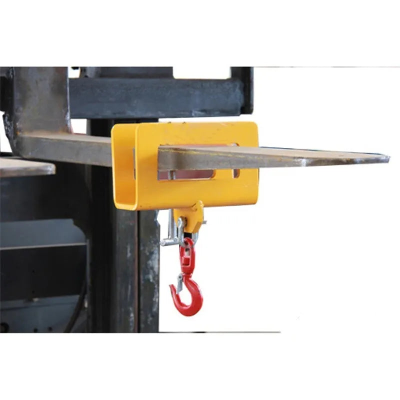 Forklift crane hook attachment with rotatable drum and safety locking mechanism