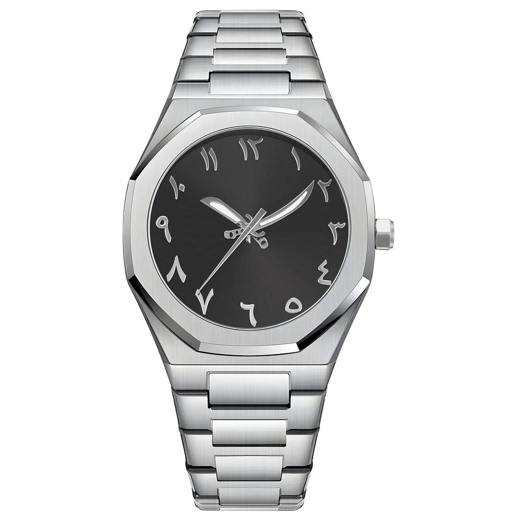 Business casual men's watch with steel strap and quartz movement, shown in black, silver, and black silver scale colour options.