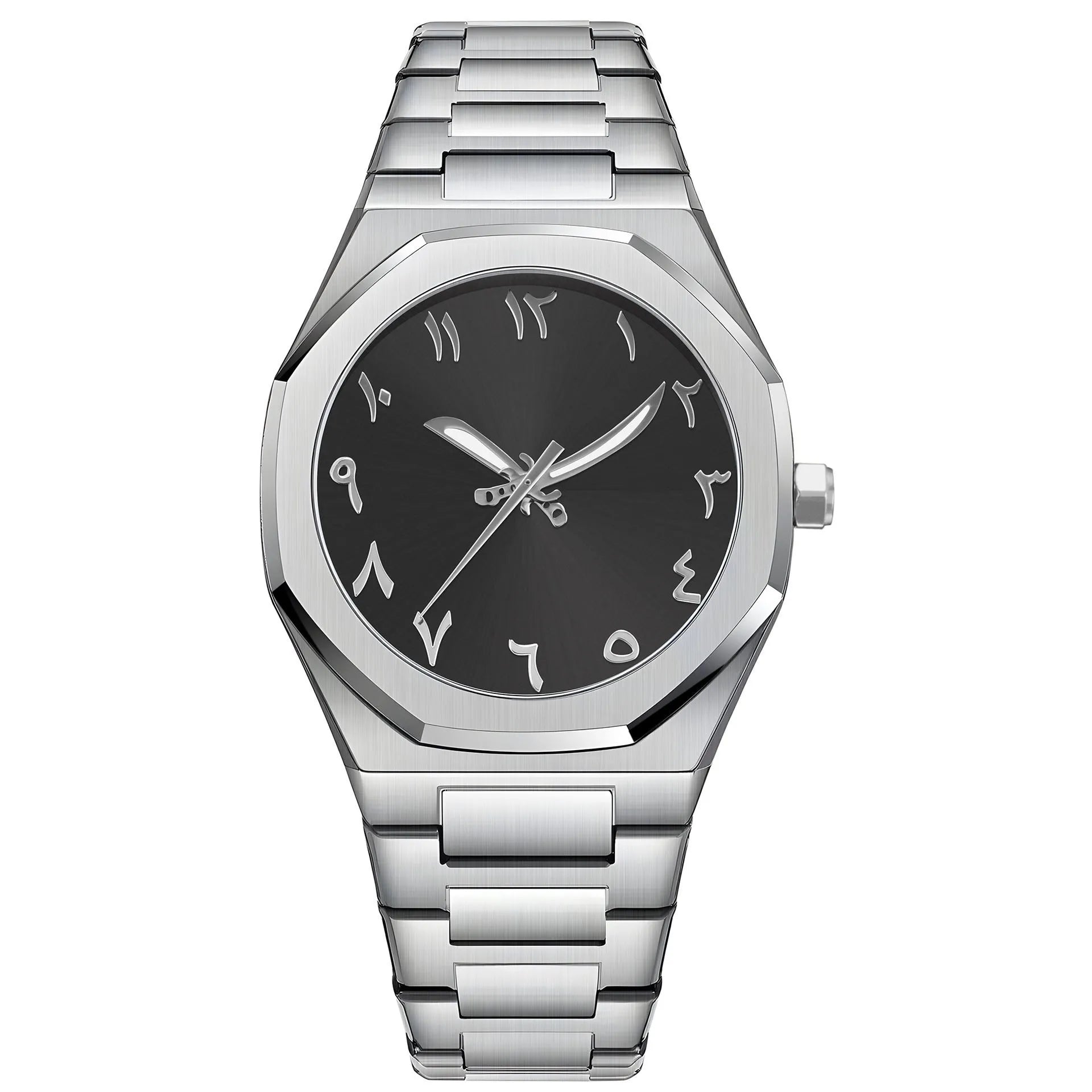 Business casual men's watch with steel strap and quartz movement, shown in black, silver, and black silver scale colour options.