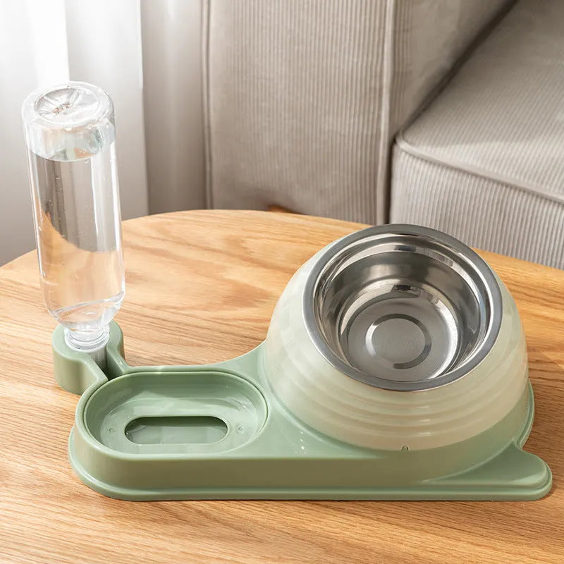 Elevated cat food bowl with water dispenser bottle in brown colour