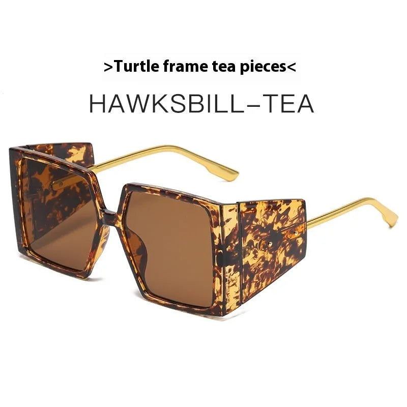 Large square frame sunglasses showing seven colour options: black, blue, champagne, hawksbill, green, orange, and white
