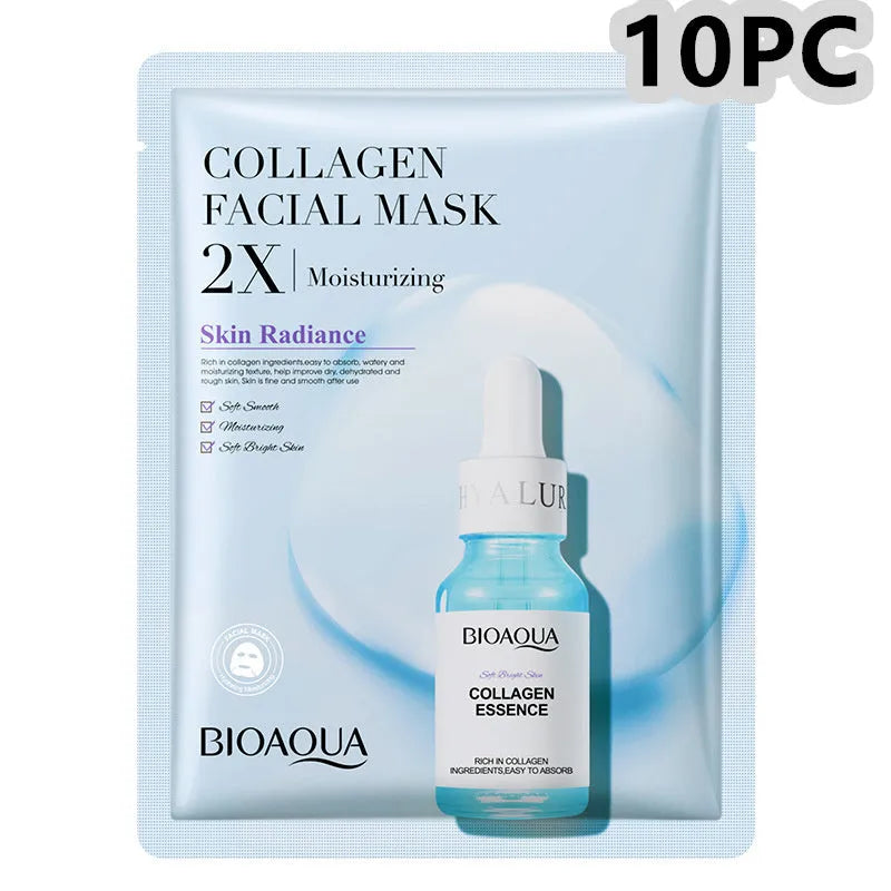 Single sheet of a white collagen face mask and a multi-pack box of 30g facial sheet masks.