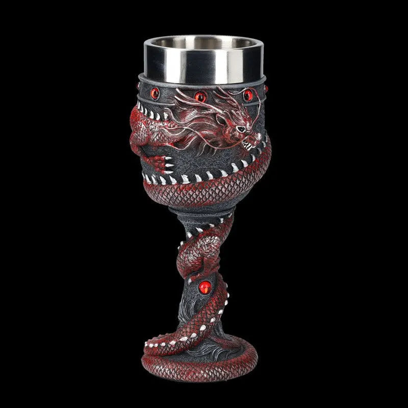 Red wine glass with 3D Chinese dragon decoration in gold or red colour.