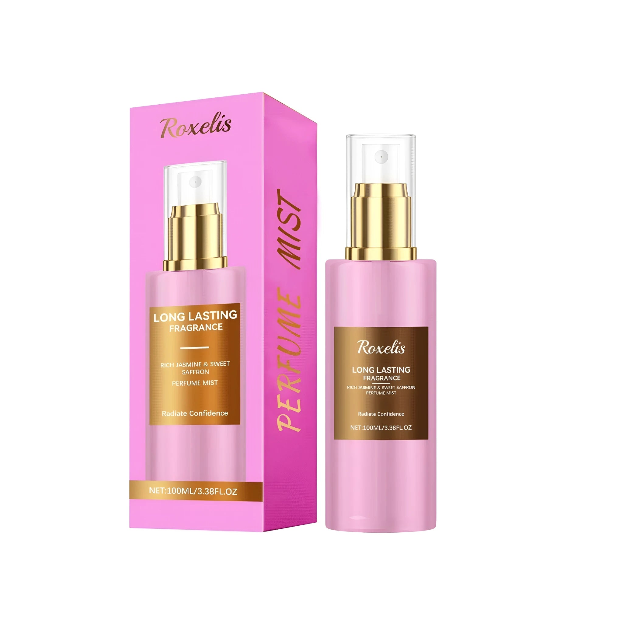 Fragrance body perfume spray 100ml in a clear bottle with jasmine and saffron extract, size 3.8x14.5 cm