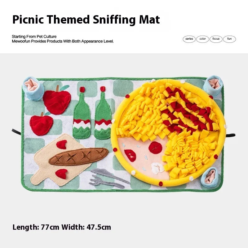 Fabric dog sniffing mat with printed garden camping theme pattern for hiding treats.