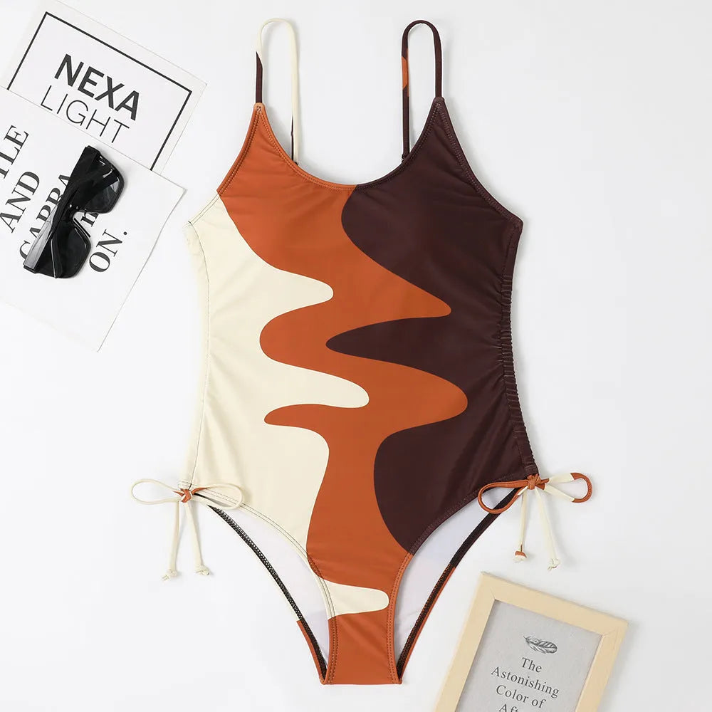 Women's sleeveless backless one-piece swimsuit in blue, purple, brown, or green colours