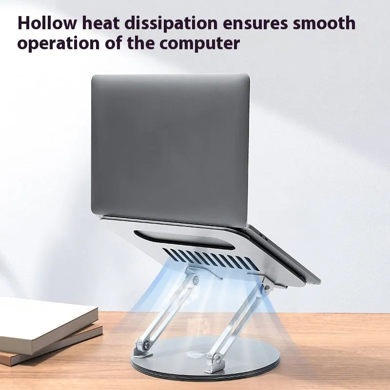 Silver aluminium alloy laptop stand shown in an adjustable, rotatable, and folded position