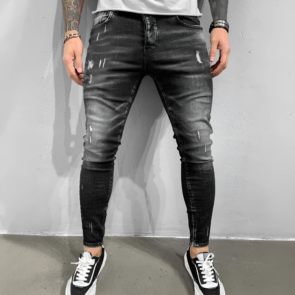 Gray ripped denim skinny pants for teenagers, cotton fabric, mid waist, zip fly, front view