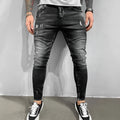 Gray ripped denim skinny pants for teenagers, cotton fabric, mid waist, zip fly, front view