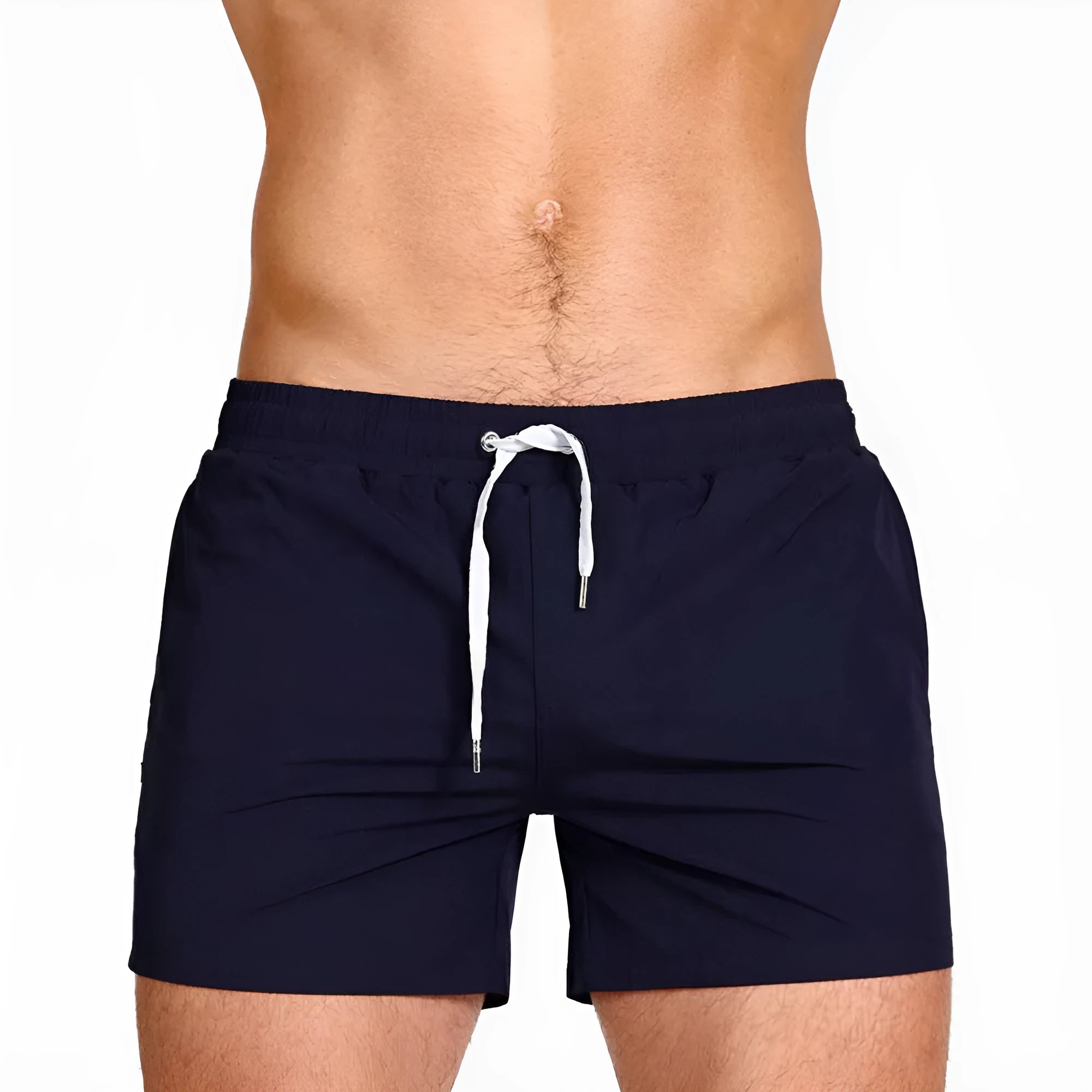 Men's solid colour mesh lining polyester sports shorts for swimming and fitness.