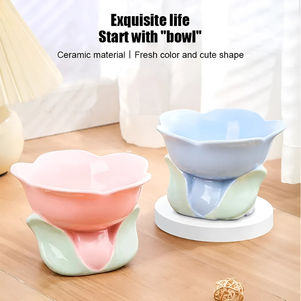 Blue floral patterned ceramic pet bowl with elevated design and non-slip base for cats and small dogs