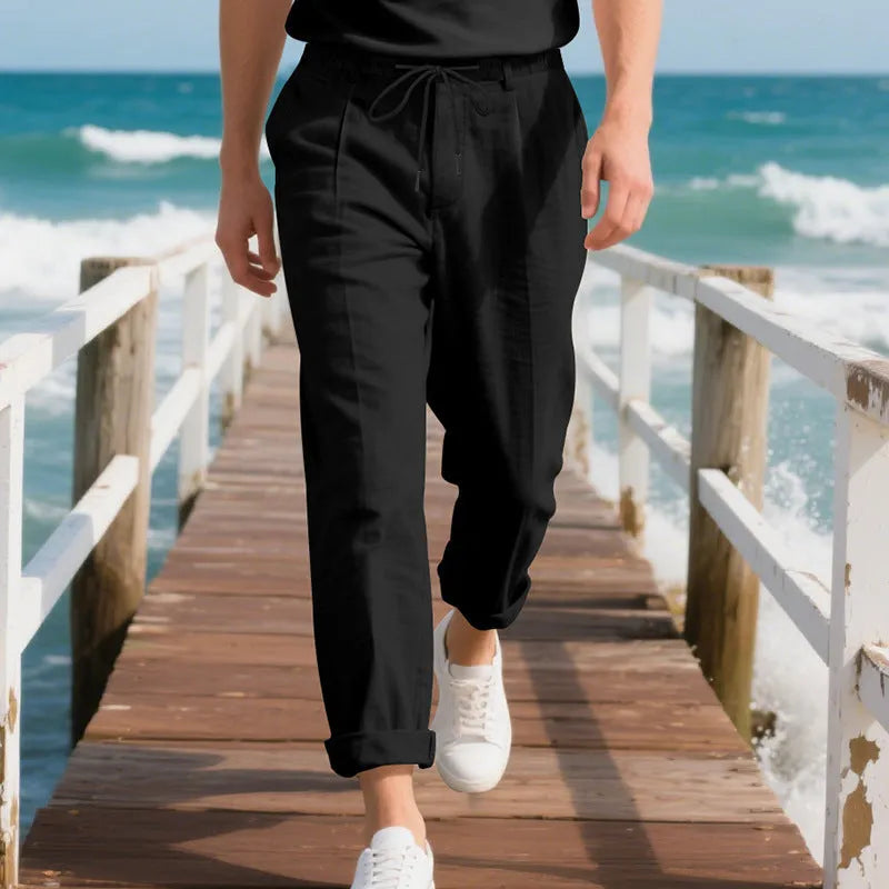 Men's linen trousers with drawstring waist in straight leg design showing army green colour option