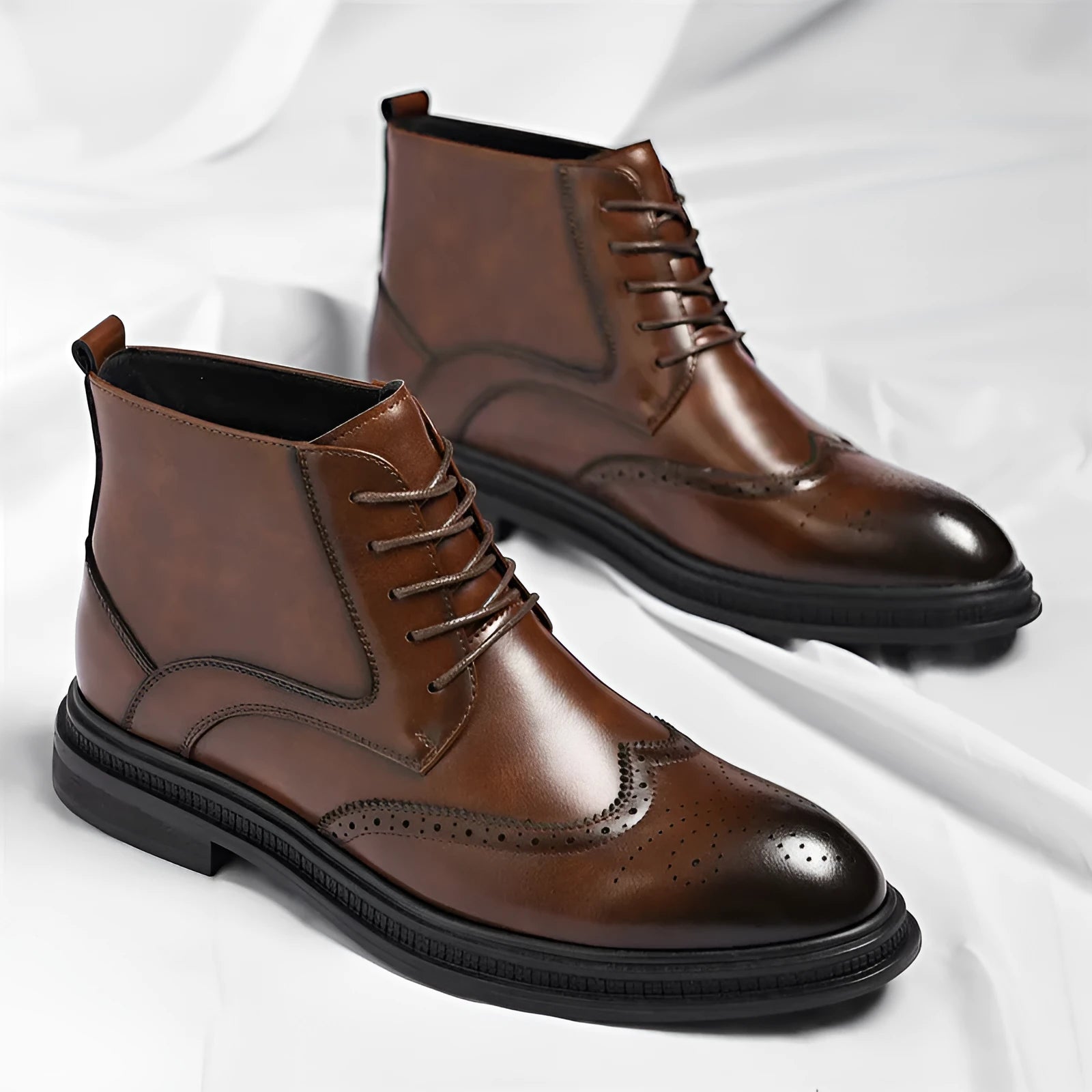 Men's leather Martin boots in black solid colour, side view, on neutral background.