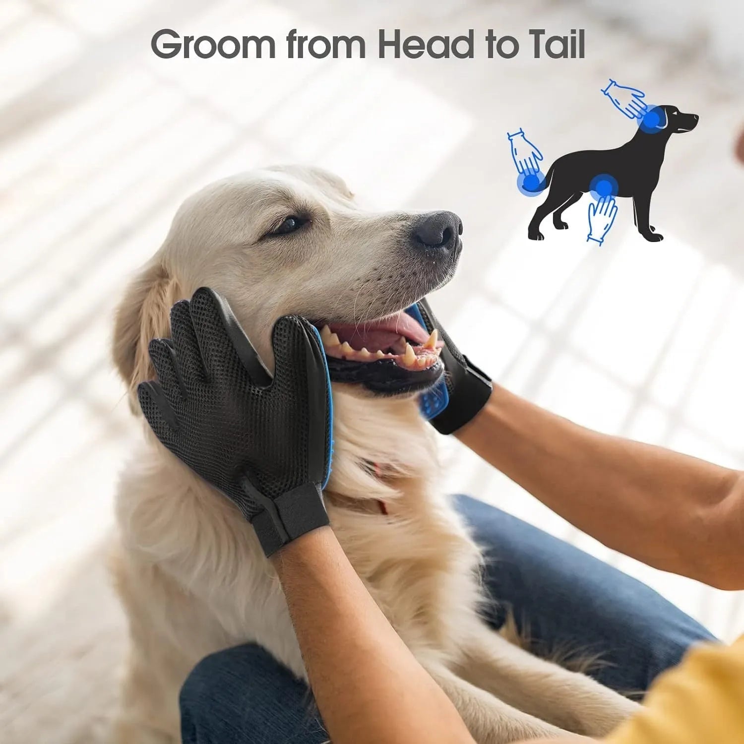 Blue pet grooming glove with silicone tips for dog cat horse hair removal during brushing and bathing