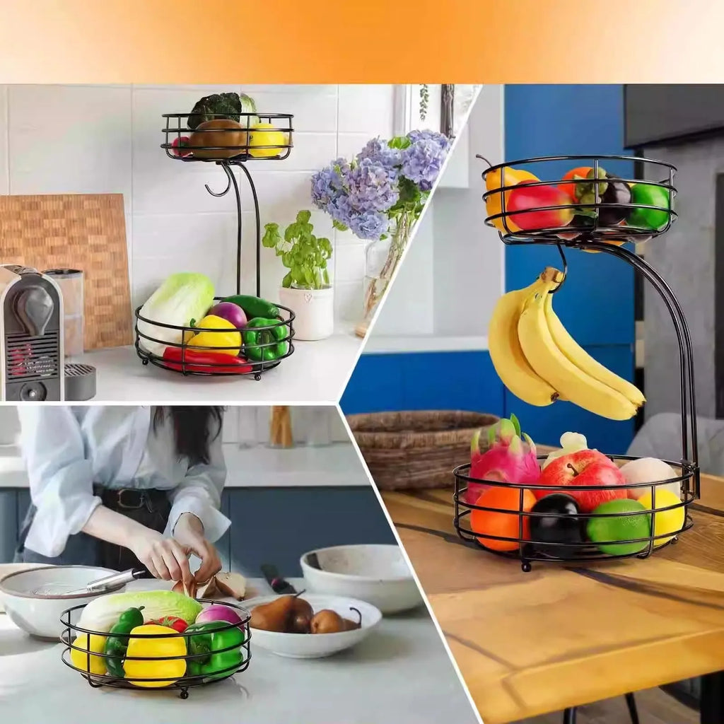 Black wrought iron double-layer fruit basket with open-weave sides for produce storage