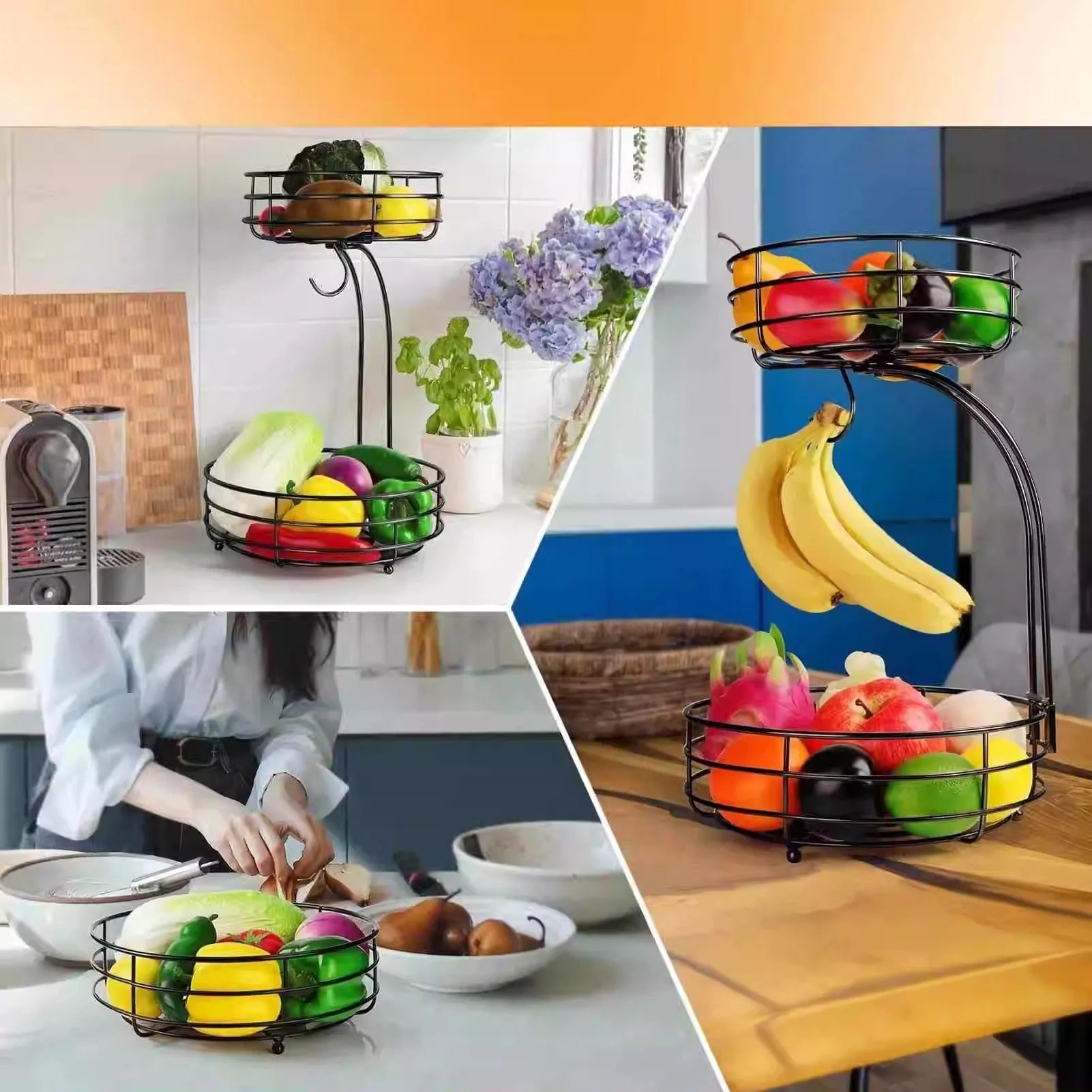Black wrought iron double-layer fruit basket with open-weave sides for produce storage