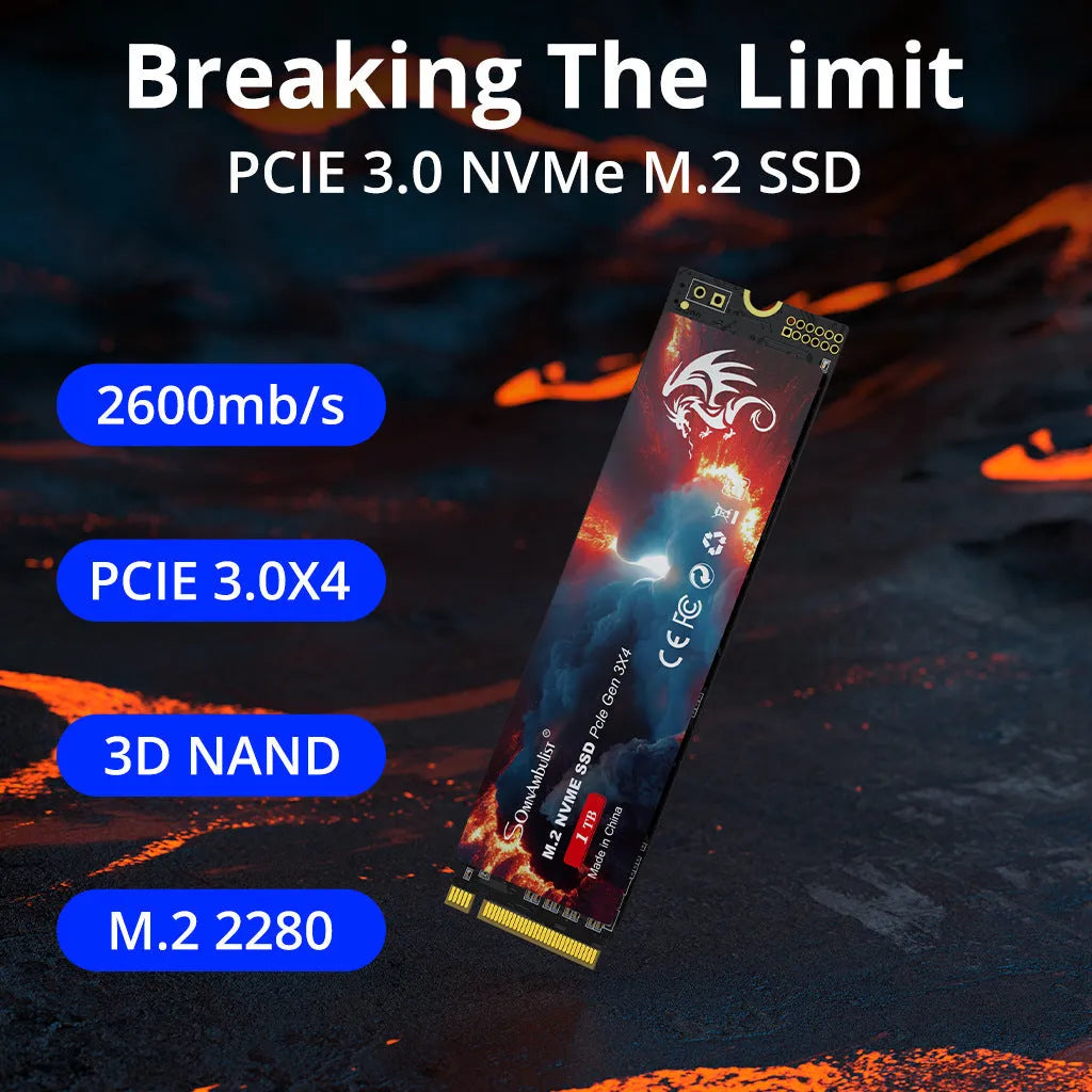 M2 solid state drive for desktop and notebook computers, showing label with capacity options and PCIe 3.0 interface.