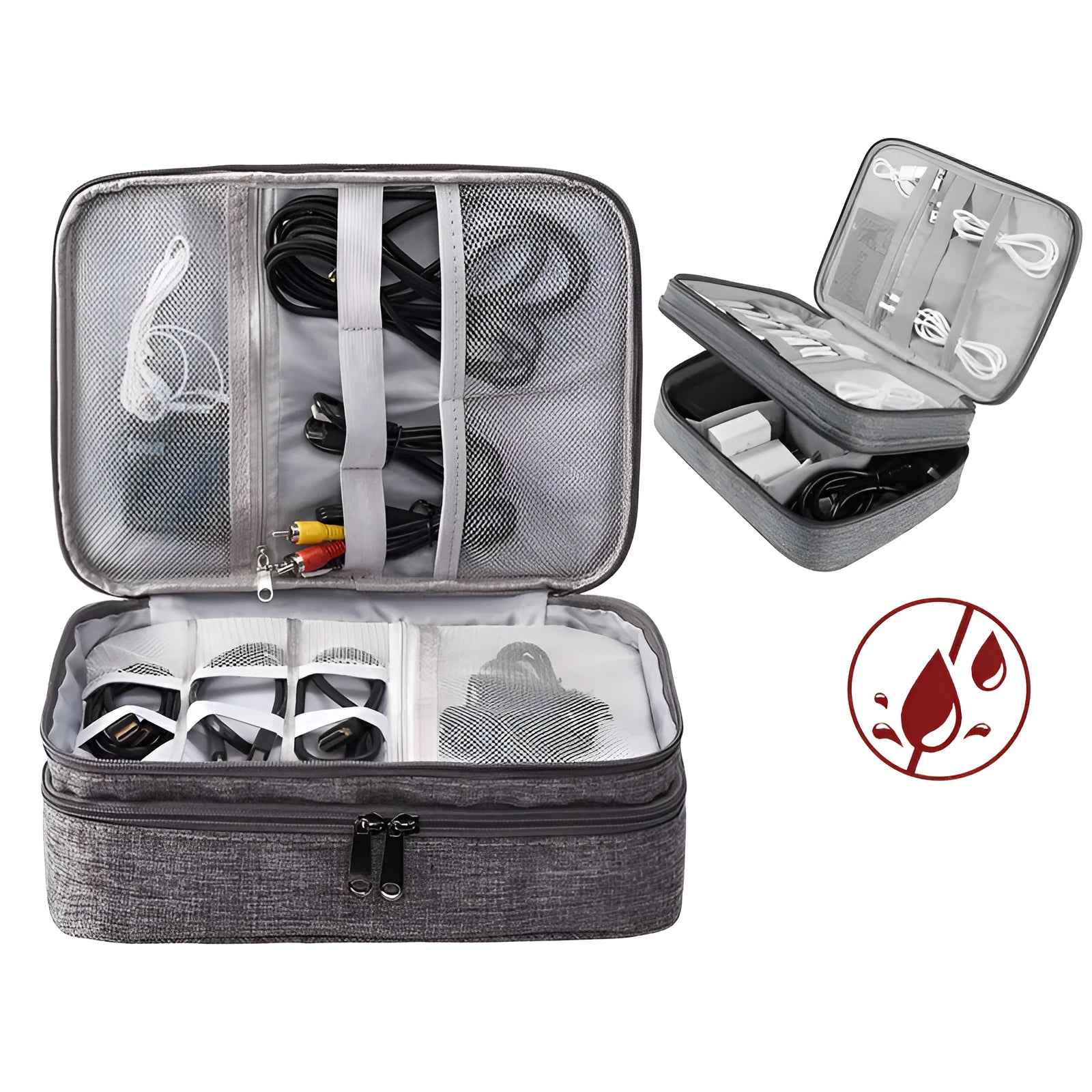 Grey waterproof electronics organiser with double-layer interior, adjustable dividers, and carrying handle