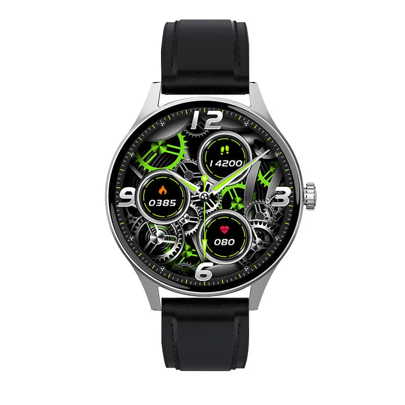 Smart watch with blood glucose and heart rate monitoring on a coloured AMOLED screen.